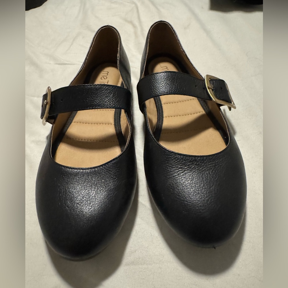 Me Too Black Leather Flats with Buckle
